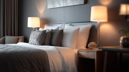 Experience the elegance of a cozy bedroom featuring modern design elements, soft lighting, and stylish decor that enhance relaxation and comfort in any home.の素材