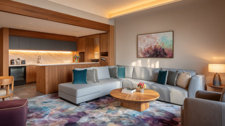 This modern hotel living room features a stylish sofa, elegant decor, and ample natural light, creating a cozy atmosphere perfect for relaxation and socializing.の素材