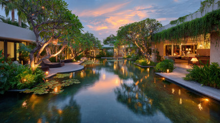 Experience the tranquil beauty of a luxurious tropical oasis at dusk, featuring lush greenery, reflective water features, and a peaceful, serene atmosphere.の素材