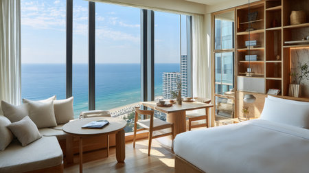 Experience a stylish hotel room with stunning ocean views, modern furnishings, and an inviting ambiance, perfect for a relaxing seaside getaway and rejuvenation.の素材
