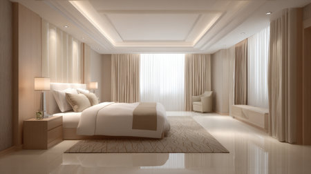 Discover a stylish bedroom that combines comfort and elegance with soft lighting, neutral decor, and clean lines, creating a serene atmosphere for relaxation.の素材