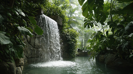 Discover the beauty of a tranquil waterfall nestled in a lush tropical oasis, surrounded by vibrant greenery and exotic plants, creating a peaceful retreat.の素材