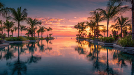 Experience a tranquil moment as the sun sets over a stunning infinity pool, framed by palm trees, creating a picturesque tropical resort atmosphere.の素材