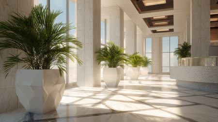 A stunning view of a modern lobby showcasing large windows that fill the space with natural light, complemented by stylish white pots housing vibrant green plants.の素材