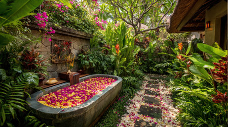 Experience tranquility in this peaceful garden oasis featuring a beautiful flower petal bath surrounded by vibrant tropical plants and lush greenery.の素材