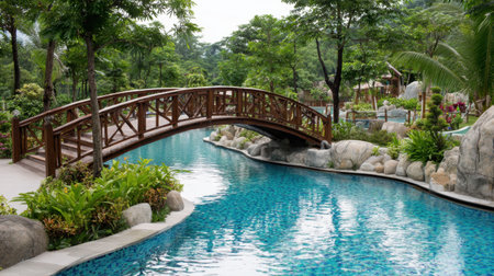 Explore a serene garden scene with a wooden footbridge, vibrant blue water, and lush greenery, creating a tranquil outdoor space perfect for relaxation and nature enthusiasts.の素材