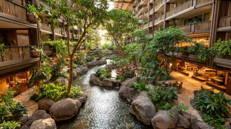 Experience the beauty of a lush indoor atrium featuring vibrant greenery, flowing water, and natural light, creating a serene atmosphere ideal for relaxation and tranquility.の素材
