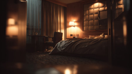 A cozy hotel room featuring elegant decor, soft lighting, and a comfortable bed. Perfect for business travelers or vacationers seeking relaxation and style.の素材