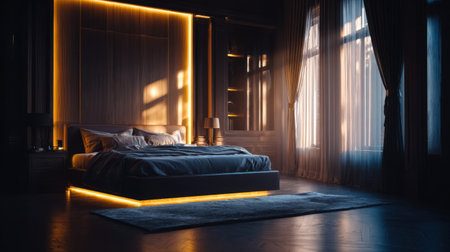 A serene modern bedroom showcasing ambient lighting with a cozy bed and elegant decor. Ideal for conveying relaxation, warmth, and contemporary design aesthetics.の素材