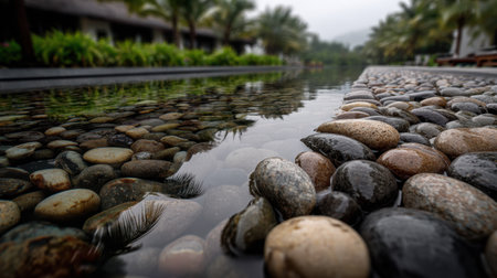 A close-up view of smooth pebbles resting in clear water, creating a tranquil atmosphere surrounded by lush greenery and a serene outdoor landscape, perfect for relaxation.の素材
