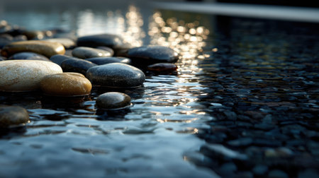 A captivating image showcasing a close-up view of smooth pebbles resting on a tranquil water surface, illuminated by sunlight reflections, perfect for nature-themed projects.の素材