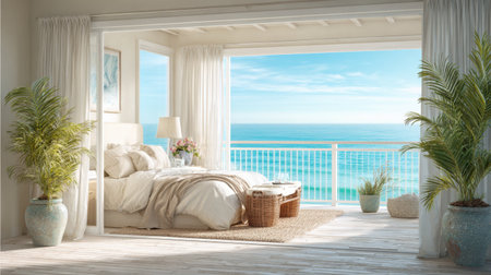 A beautifully designed beachside bedroom featuring large windows, calming ocean views, and lush greenery that offers a tranquil and inviting coastal atmosphere.の素材