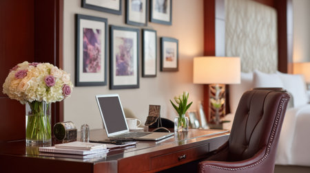 A beautifully arranged hotel room featuring a sleek desk with a laptop, fresh flowers, and decorative art frames, creating a perfect environment for work and relaxation.の素材