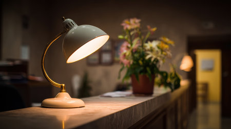 An elegant vintage desk lamp casts a warm glow in a reception area, alongside a pot of fresh flowers, enhancing the inviting atmosphere of the indoor space.の素材