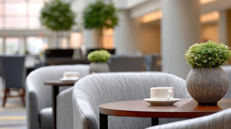 This inviting seating area features modern gray chairs, green foliage, and a white cup on a table, perfect for relaxation or casual meetings in a stylish cafの素材