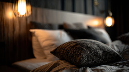 This image showcases a cozy bedroom featuring soft pillows and warm lighting, creating a visually inviting space perfect for relaxation and serene rest.の素材