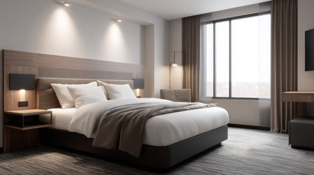 Experience the tranquility of a modern hotel room designed for comfort, featuring a cozy bed, warm lighting, and a minimalist aesthetic perfect for urban retreats.の素材