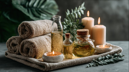 This serene spa arrangement features soft towels, lit candles, and bottles of essential oils, creating a calming atmosphere for relaxation and self-care practices.の素材