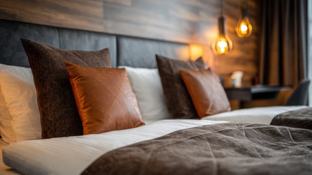 This beautifully styled bedroom features soft lighting and rich textiles, creating a peaceful retreat for relaxation and comfort in both hotel and home settings.の素材