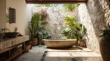 Discover a peaceful outdoor oasis featuring a stunning stone bathtub surrounded by lush plants and rustic stone walls, bathed in soft natural light and tranquility.の素材