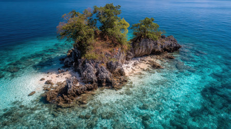 A breathtaking view of a serene tropical island featuring crystal clear waters and lush greenery, perfect for beachgoers and nature enthusiasts alike.の素材
