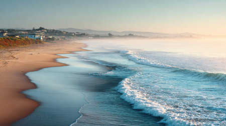 Experience the calm of a beautiful beach at sunrise, where gentle waves meet soft sand, creating a tranquil atmosphere perfect for relaxation and escape.の素材