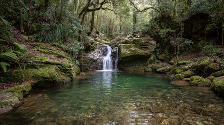 Discover a stunning view of a serene waterfall cascading into a clear pool, surrounded by lush foliage and rich rock formations in a tranquil forest setting.の素材