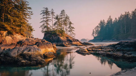 This stunning image captures a tranquil coastal scene at sunrise with rocky formations and evergreen trees reflecting beautifully in the calm ocean waters.の素材
