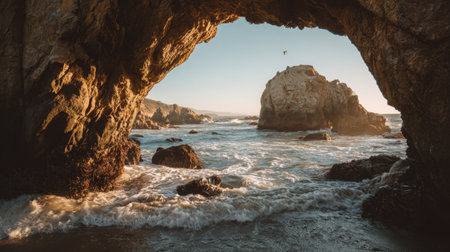Explore a stunning coastal scene featuring a rocky archway framing gentle waves under a golden sunset. Perfect for evoking feelings of tranquility and nature.の素材