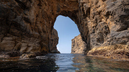 Experience the serene beauty of a coastal landscape featuring a natural rock arch, calm waters, and a clear blue sky, perfect for travel and exploration enthusiasts.の素材