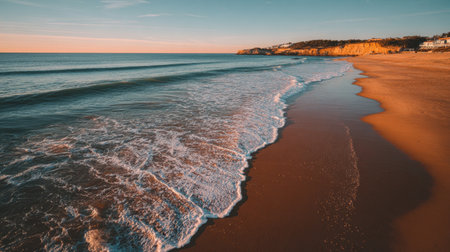 A beautiful beach landscape captured at sunset, showcasing gentle waves lapping against a sandy shore, accompanied by cliffs and a colorful sky.の素材
