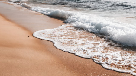 Experience the soothing beauty of gentle ocean waves as they softly touch the sandy beach under bright sunlight, creating a serene and tranquil coastal scene.の素材