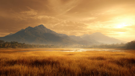 A breathtaking sunset landscape featuring golden light reflecting on calm waters and majestic mountains. The serene ambiance creates a perfect outdoor escape.の素材