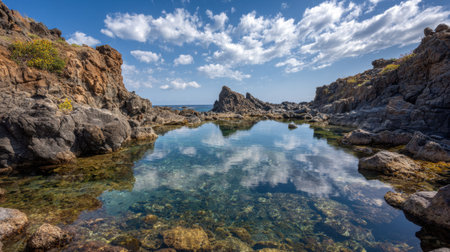 This captivating landscape features a clear tidal pool surrounded by rocky formations, under a bright sky filled with soft clouds, perfect for nature lovers.の素材