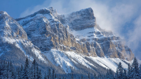This stunning winter mountain scene features towering snow-covered peaks and lush evergreen trees under a vivid blue sky, creating a breathtaking natural landscape.の素材