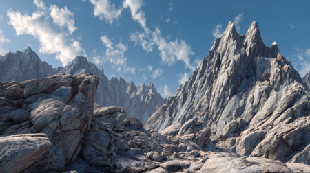 Explore a stunning mountain landscape featuring jagged peaks under a clear blue sky, portraying the raw beauty and grandeur of untouched wilderness.の素材