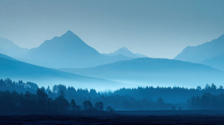 This stunning mountain landscape captures the tranquil essence of dusk with cool blue tones. Layers of mist create a serene atmosphere, ideal for nature lovers.の素材