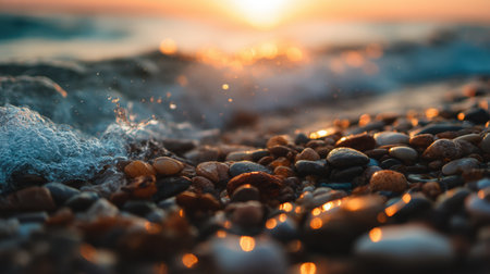 A stunning view of a serene beach at sunset, showcasing colorful pebbles and gentle waves lapping at the shore. Captures the beauty of nature's tranquility.の素材
