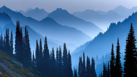 Explore stunning blue mountain ranges enveloped in mist, creating a serene atmosphere. Perfect for nature lovers and those seeking tranquil landscapes.の素材