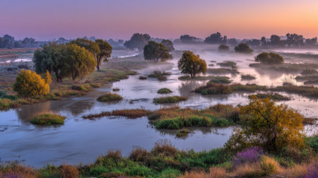 Experience the tranquil beauty of a misty wetland at sunrise, showcasing lush greenery and softly illuminated waters in a serene natural landscape.の素材