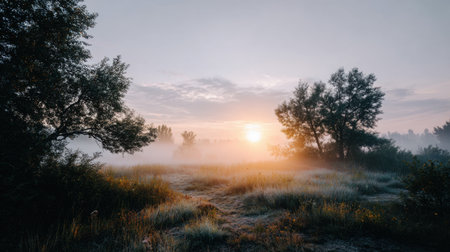 A picturesque sunrise illuminates a misty meadow, showcasing tranquil trees and soft fog. This serene landscape evokes feelings of peace and connection to nature.の素材