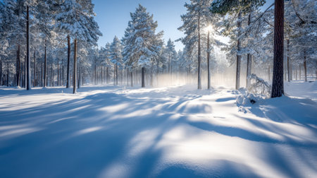 A breathtaking winter scene showcasing a landscape filled with snow-covered trees. Soft sunlight filters through the mist, creating a tranquil, serene atmosphere perfect for nature lovers.の素材