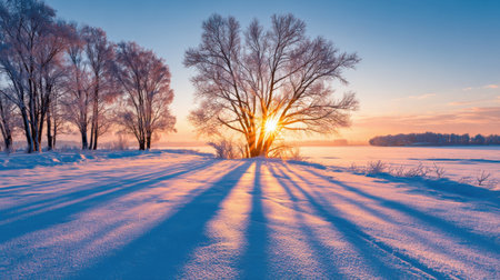 This stunning winter landscape captures the beauty of snow-covered ground, majestic trees, and a vibrant sunset reflecting over a frozen river, evoking tranquility.の素材