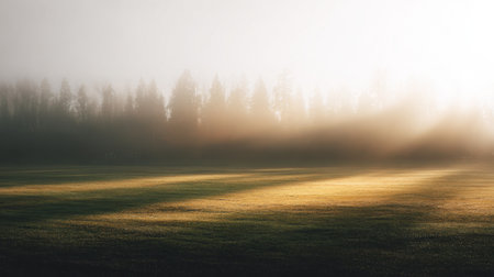 Experience a tranquil moment in nature featuring a lush green field surrounded by foggy trees, as soft sunlight filters through, creating a peaceful atmosphere.の素材