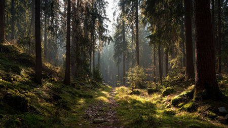 A tranquil forest pathway bathed in gentle sunlight, surrounded by towering trees. This serene landscape invites exploration and offers a refreshing escape into nature.の素材