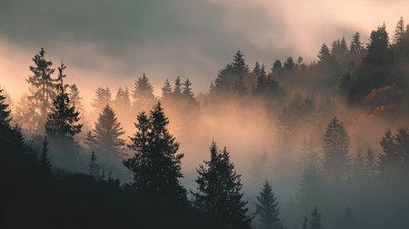 A serene scene featuring mist enveloping a dense evergreen forest at dawn. Sunlight breaks through, illuminating the landscape and creating a tranquil atmosphere.の素材