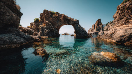 A breathtaking coastal view featuring a natural rock arch, surrounded by clear turquoise waters and jagged rocky formations, perfect for nature enthusiasts and travelers.の素材