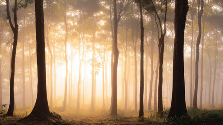 Discover a breathtaking misty forest scene at sunrise, where soft light filters through the trees, creating a serene atmosphere perfect for reflection and peace.の素材