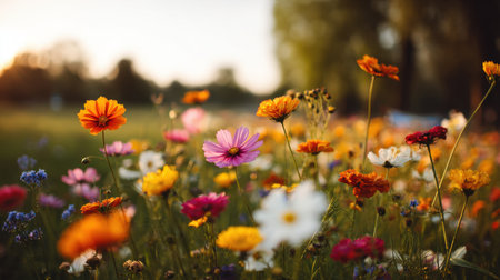 A serene wildflower field filled with vibrant blooms in various colors, basking in the soft golden hour light, creating a picturesque natural landscape.の素材