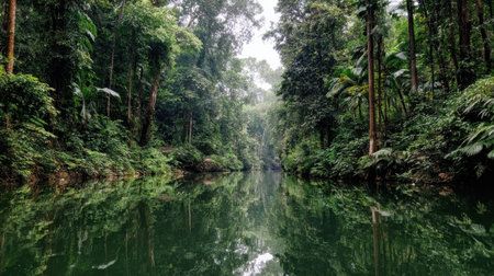 Wander into the serene jungle river scene filled with vibrant greenery, tranquil waters, and serene reflections, showcasing the untouched beauty of nature.の素材